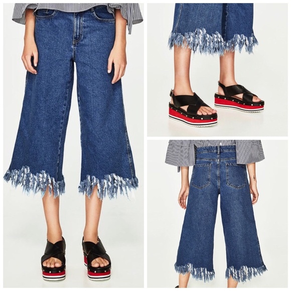 Zara Denim - Zara TRF Denim culottes with fringed  hem, size 4